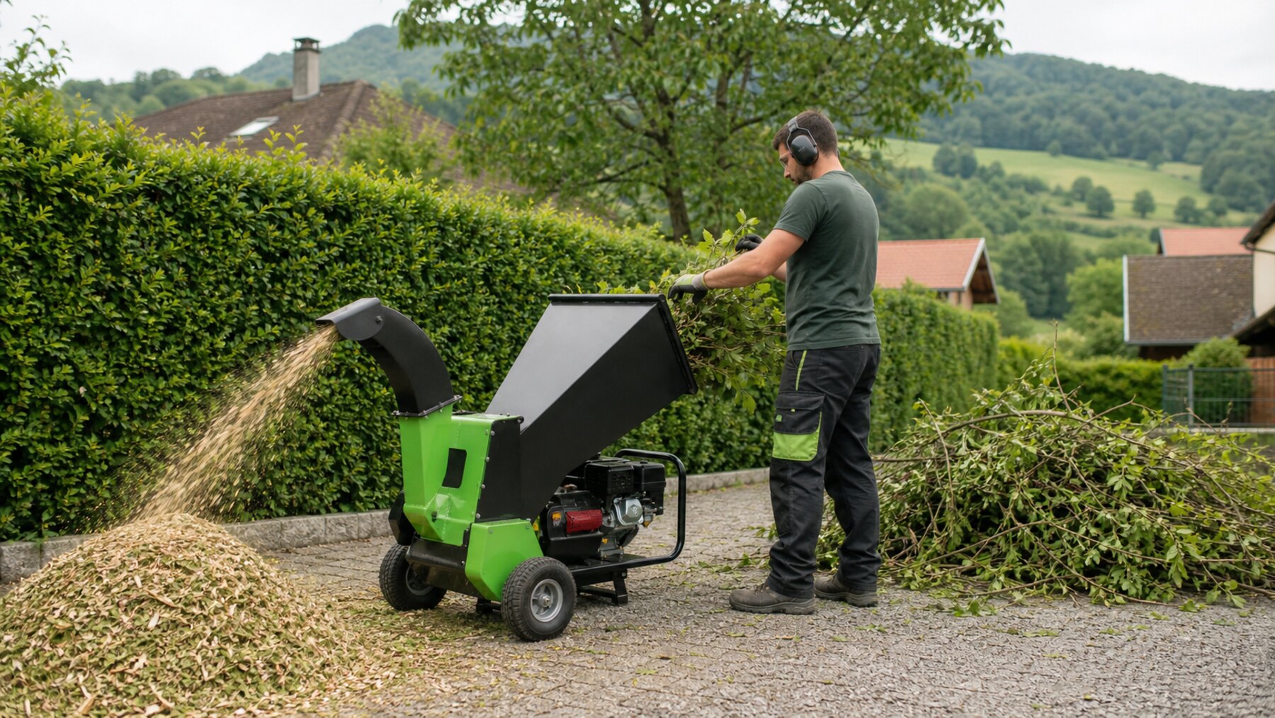 Broyage de branches et vegetaux apres entretien de jardin dans le Genevois